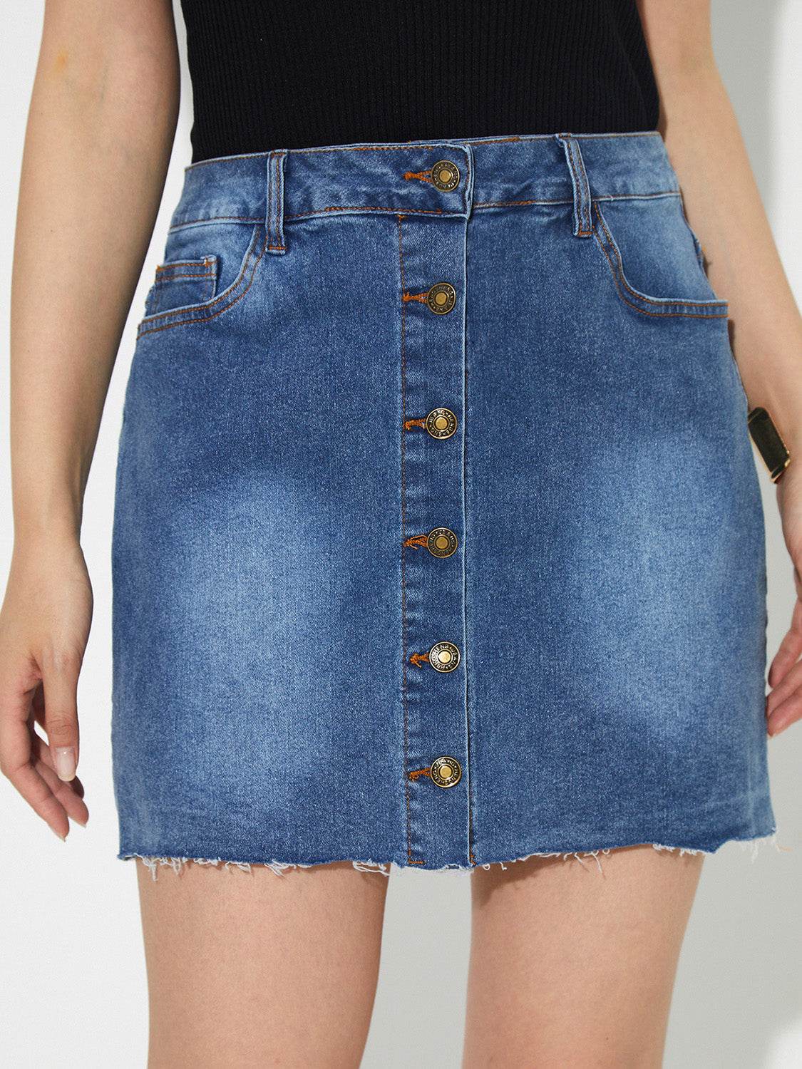 Pocketed Button Up Denim Skirt - Hovatok