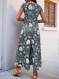 Perfee Printed Round Neck Cap Sleeve Wide Leg Jumpsuit - Hovatok