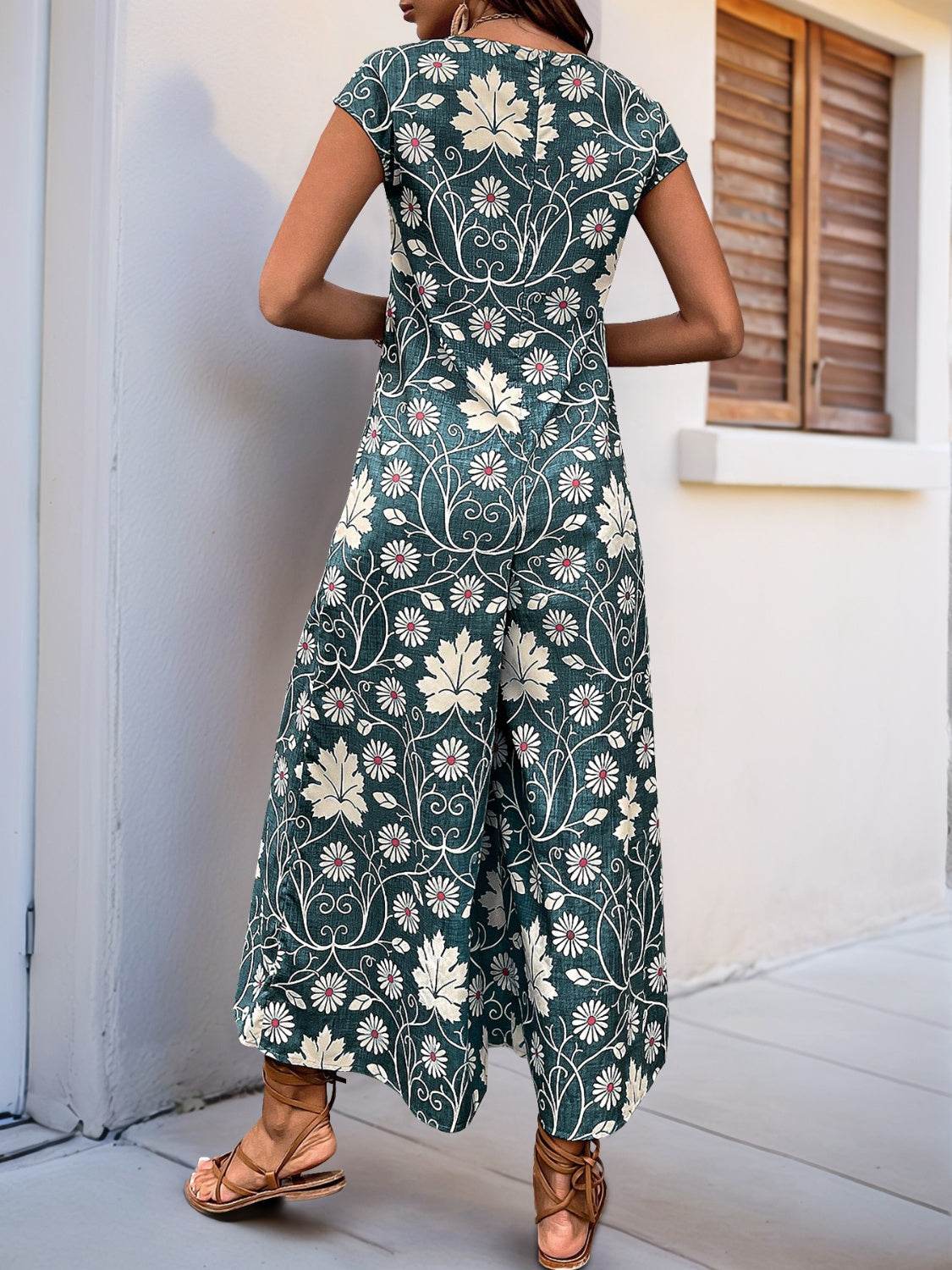 Perfee Printed Round Neck Cap Sleeve Wide Leg Jumpsuit - Hovatok