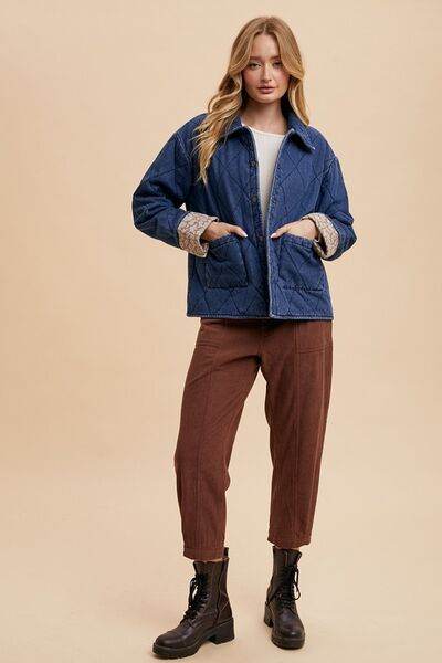 Annie Wear Quilted Printed Lining Snap Down Denim Jacket - Hovatok