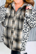 Plus Size Leopard Plaid Button Up Long Sleeve Shacket - Hovatok