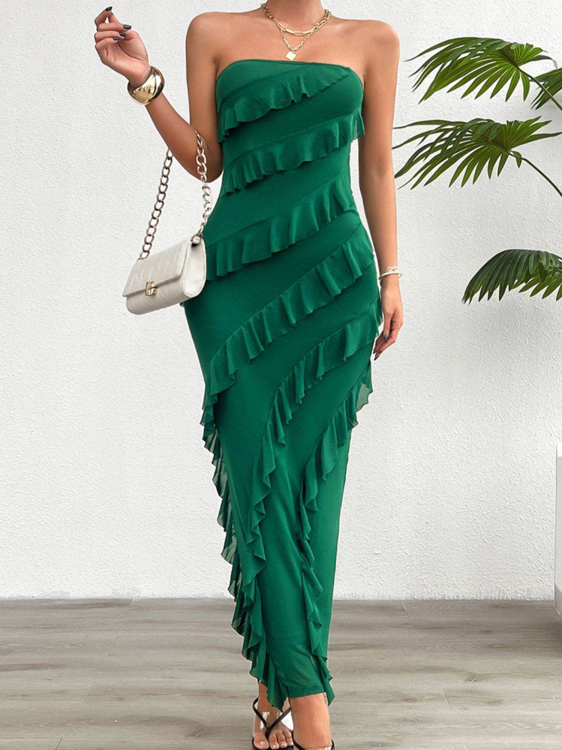 Devine Ruffled Slit Back Tube Maxi Dress - Hovatok