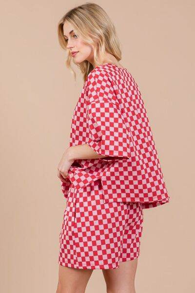Ces Femme Checkered Round Neck Top and Shorts Set - Hovatok