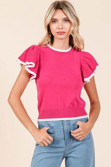 Mittoshop Contrast Trim Ruffled Cap Sleeve Knit Top - Hovatok