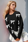 Double Take Full Size Bow Cable-Knit Round Neck Sweater - Hovatok