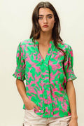 BiBi Smocked Cuff Floral Contrast Top - Hovatok