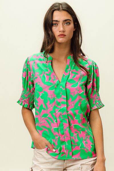 BiBi Smocked Cuff Floral Contrast Top - Hovatok
