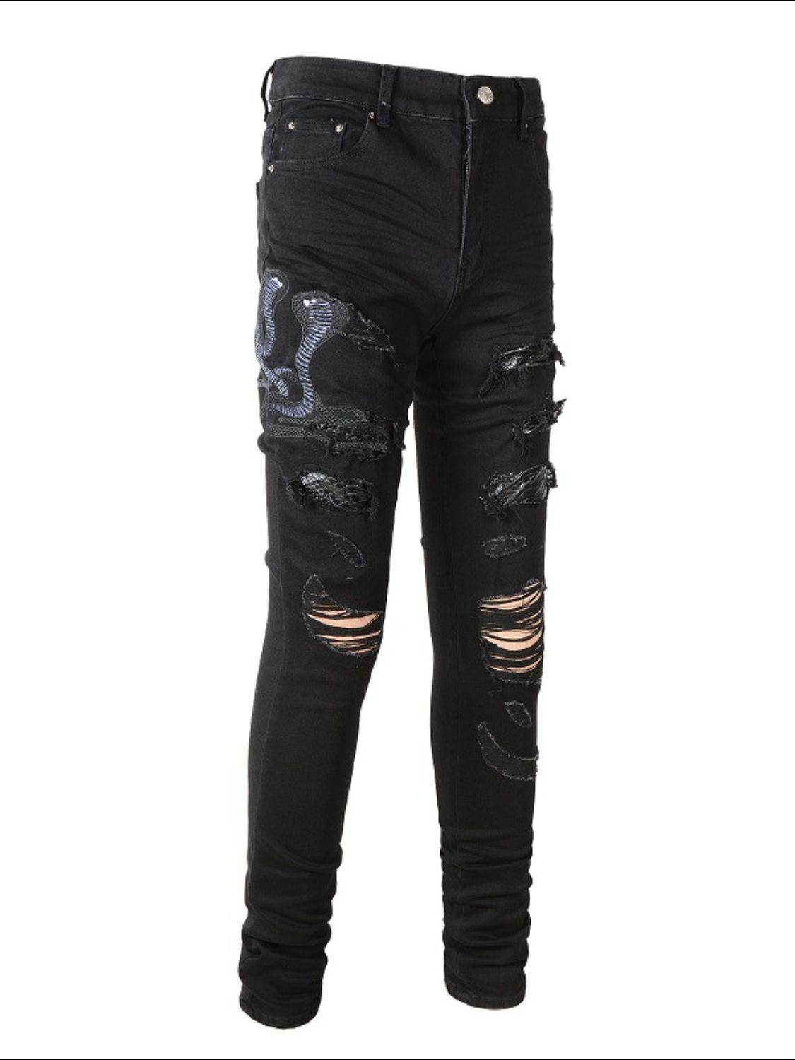 Men's Washed Snake Embroidered Slim Jeans - Hovatok