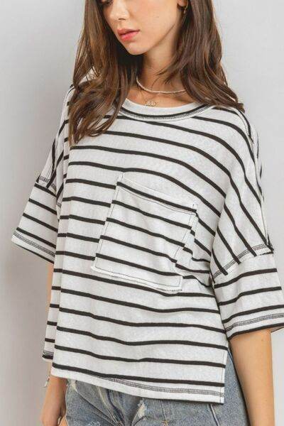 Ces Femme Side Slit Striped Round Neck Half Sleeve T-Shirt - Hovatok