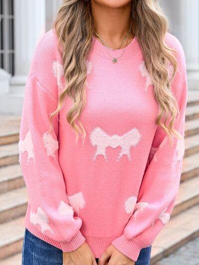 Angel Wings Bow Round Neck Dropped Shoulder Sweater - Hovatok