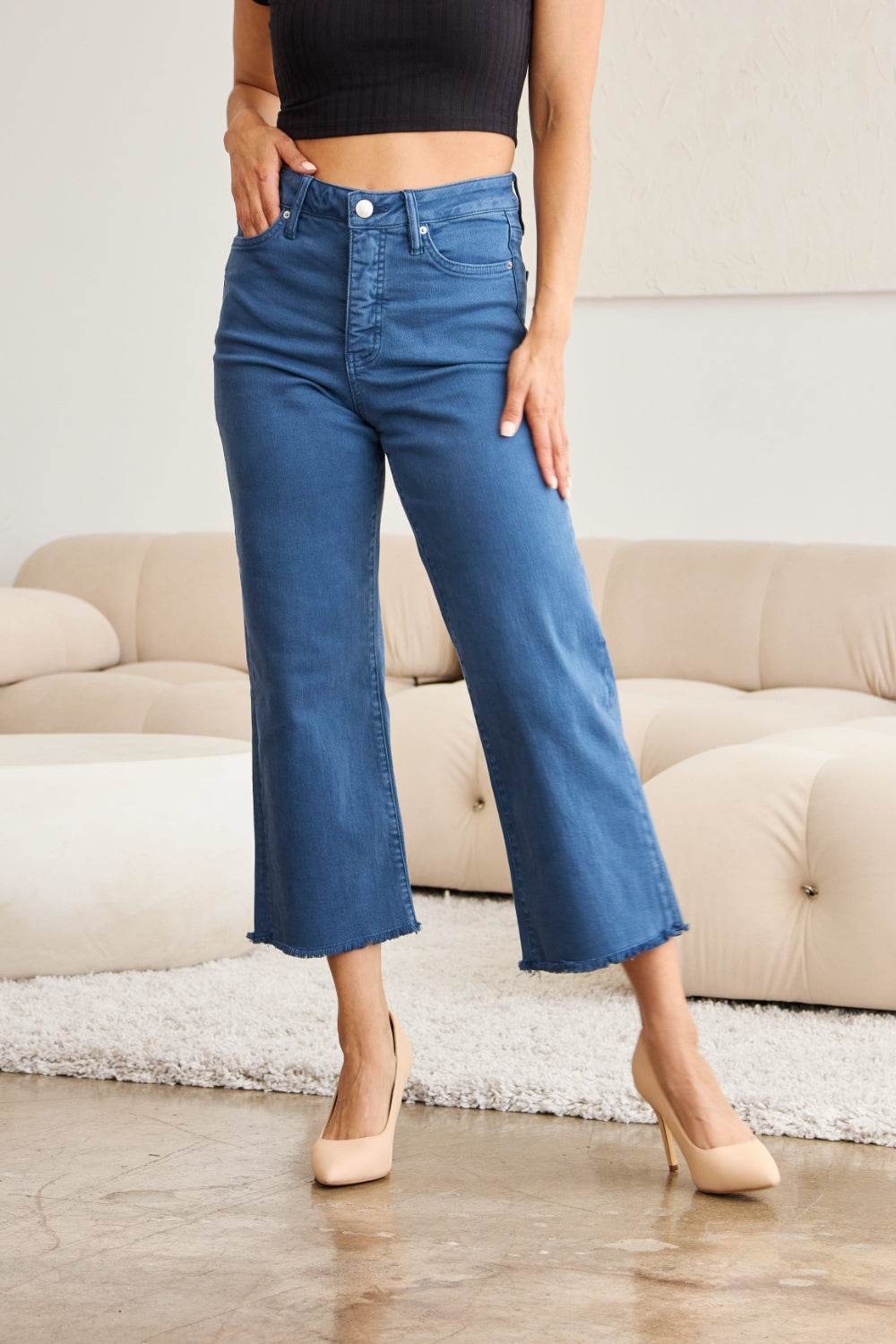 RFM Crop Chloe Full Size Tummy Control High Waist Raw Hem Jeans - Hovatok