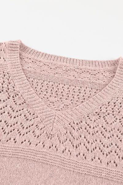 Openwork V-Neck Long Sleeve Sweater - Hovatok