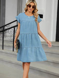 Tiered Round Neck Short Sleeve Denim Dress - Hovatok
