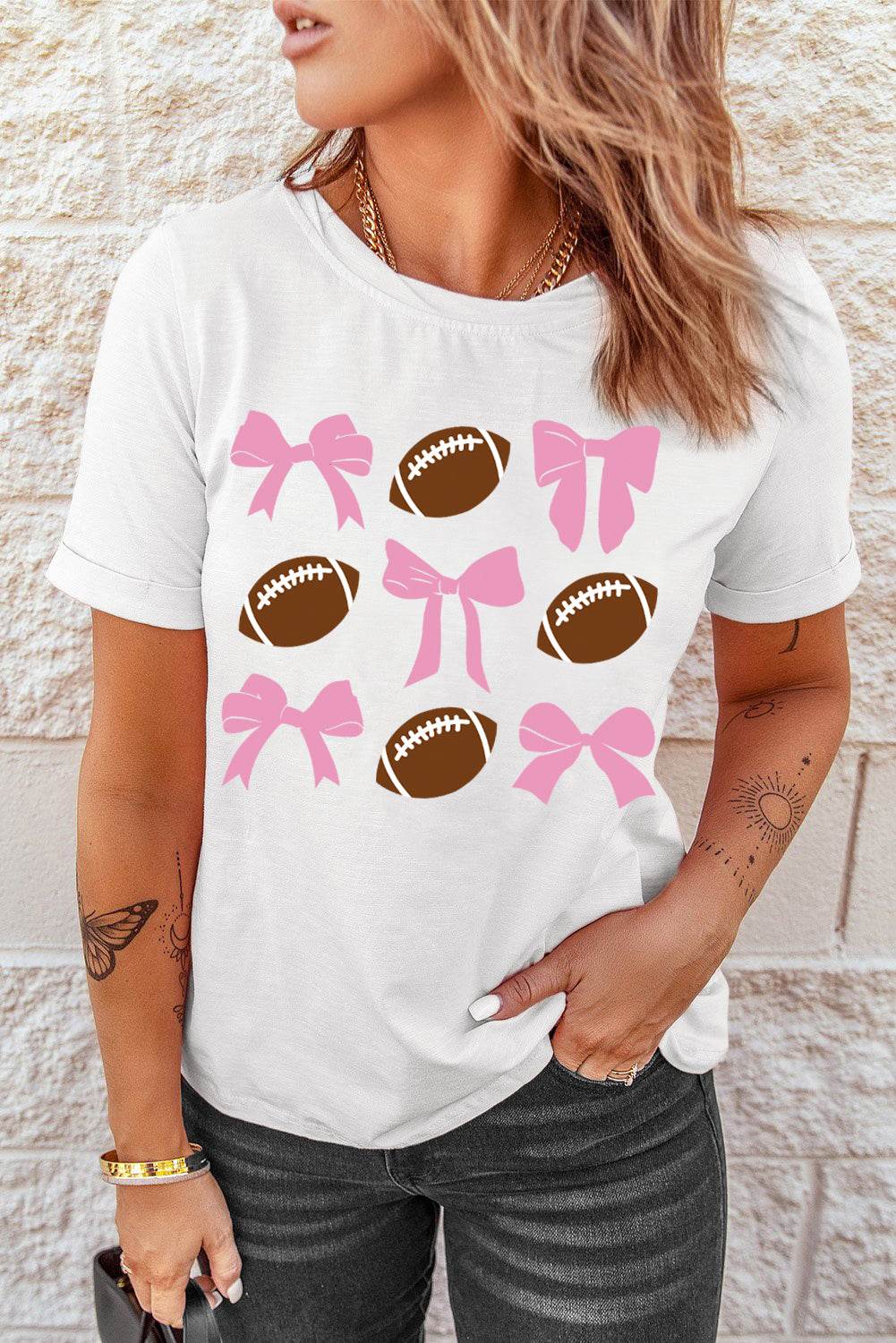 Football & Bow Round Neck Short Sleeve T-Shirt - Hovatok
