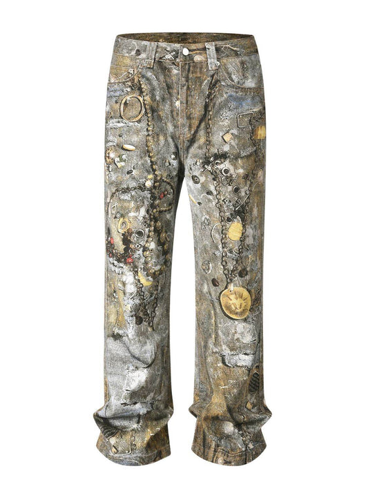 Men's Wide Straight Printed Jeans with Pockets - Hovatok