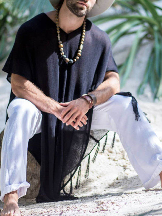 Men's Full Size Fringe V-Neck Half Sleeve Cover Up Plus Size - Hovatok