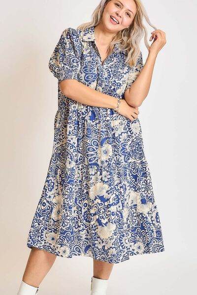 Umgee Full Size Printed Smocked Cuff Puff Sleeve Midi Dress Plus Size - Hovatok