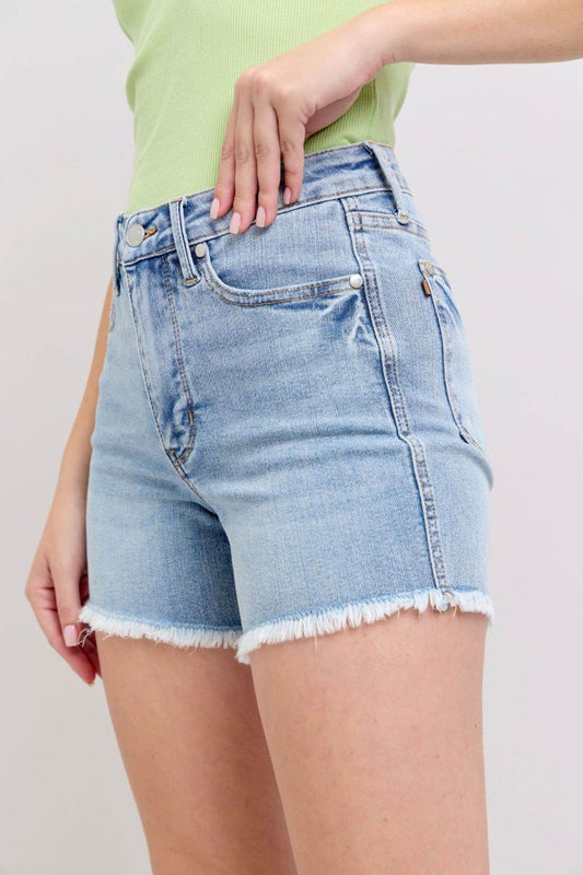 Judy Blue Full Size Tummy Control Raw Hem Denim Shorts Plus Size - Hovatok