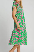 Umgee Full Size Floral Collared Ruffle Cap Sleeve Midi Dress Plus Size - Hovatok