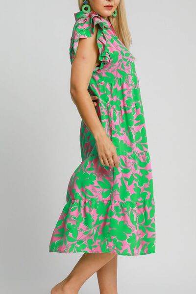 Umgee Full Size Floral Collared Ruffle Cap Sleeve Midi Dress Plus Size - Hovatok