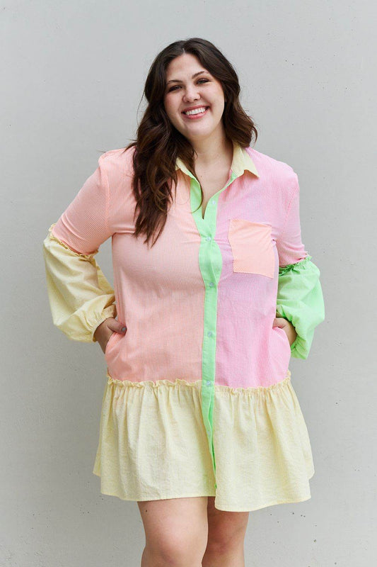 Davi & Dani Flying Colors Full Size Colorblock Long Sleeve Shirt Dress - Hovatok