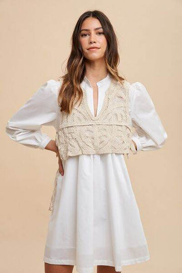 Annie Wear Crochet Vest Notched Long Sleeve Shirt Dress - Hovatok