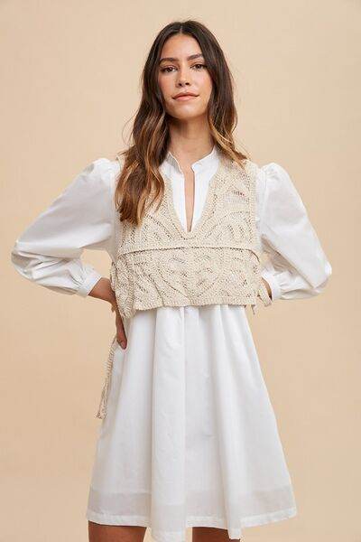 Annie Wear Crochet Vest Notched Long Sleeve Shirt Dress - Hovatok