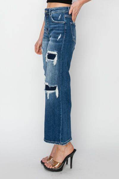Risen Full Size High Rise Patch Detailed Wide Leg Crop Jeans - Hovatok