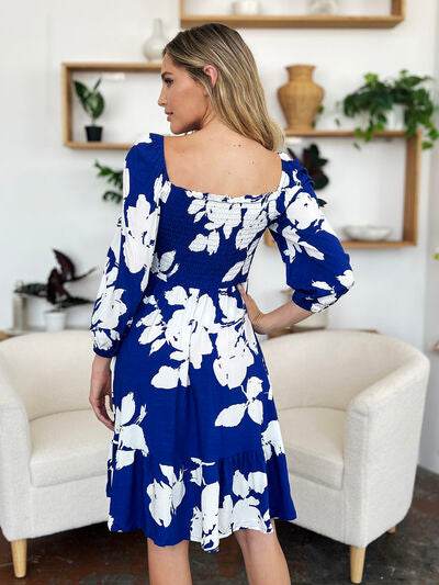 Double Take Full Size Floral Ruffle Hem Smocked Dress with Pockets - Hovatok