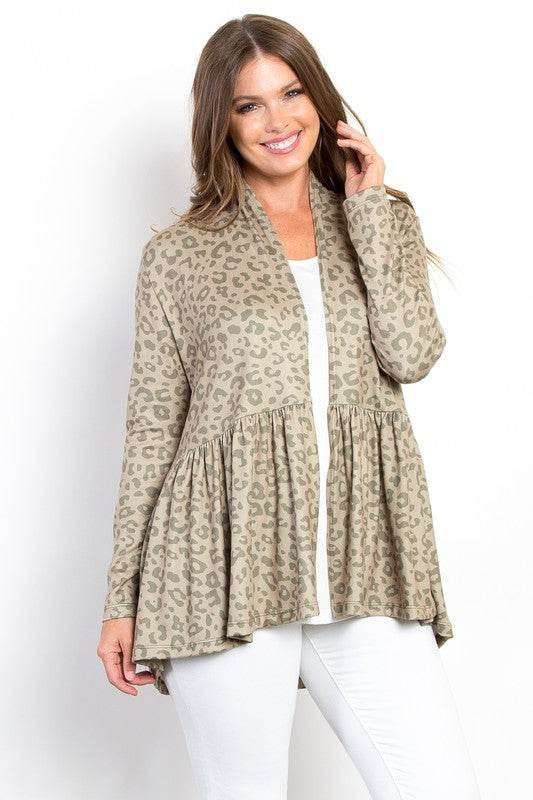 Be Stage Full Size Peplum Leopard Open Front Long Sleeve Cardigan - Hovatok