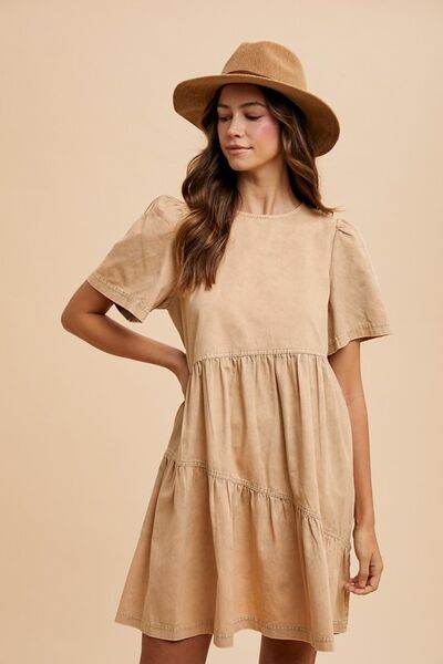 Annie Wear Mineral Washed Round Neck Short Sleeve Denim Dress - Hovatok