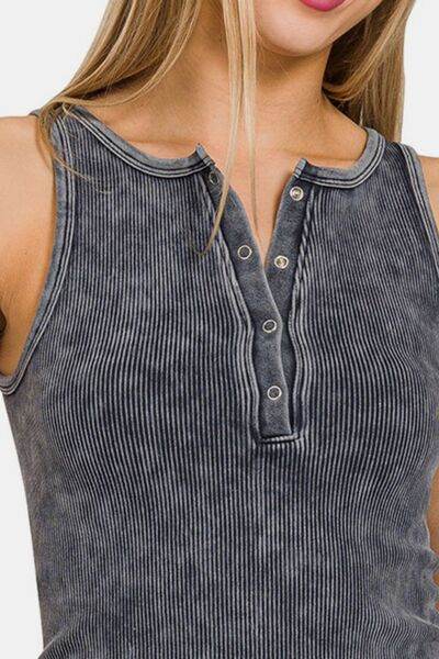 Zenana Washed Ribbed Half Snap Seamless Tank - Hovatok