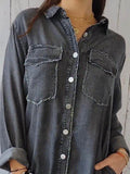 Full Size Raw Hem Button Up Long Sleeve Denim Top Plus Size - Hovatok