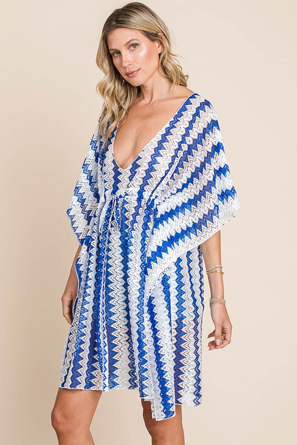 Cotton Bleu by Nu Lab Tied Striped Plunge Half Sleeve Cover-Up - Hovatok
