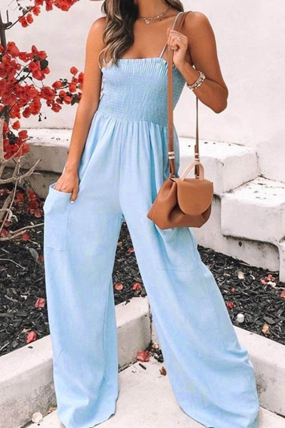 Smocked Spaghetti Strap Wide Leg Jumpsuit - Hovatok