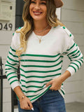 Angel Wings Round Neck Shoulder Button Striped Pullover Sweater - Hovatok