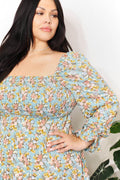 Honey Floral Smocked Flounce Sleeve Square Neck Dress - Hovatok