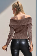 Double Take Ribbed Off-Shoulder Zip Up Long Sleeve Cardigan - Hovatok