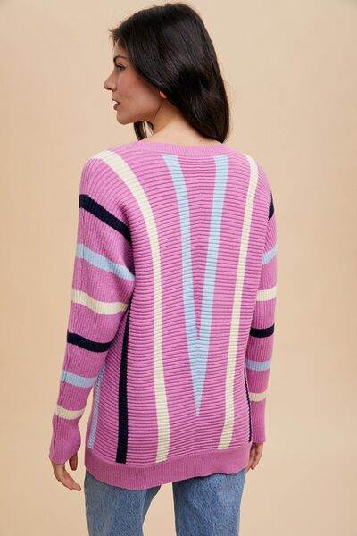 Annie Wear Chevron Stripe Round Neck Ribbed Sweater - Hovatok