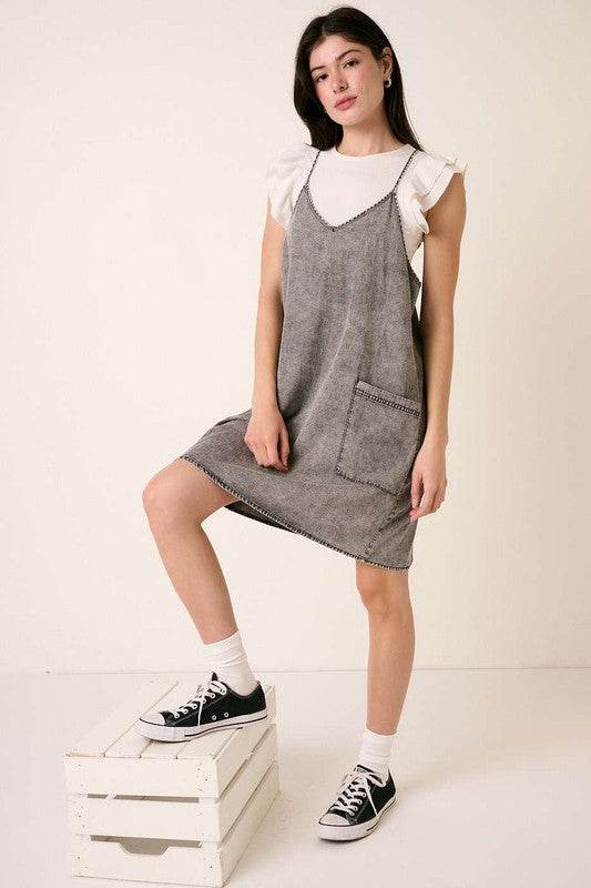 Mittoshop Washed Patch Pocket Mini Cami Denim Dress - Hovatok