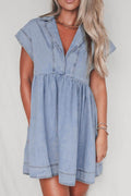 Lapel Neck Cap Sleeve Denim Babydoll Dress - Hovatok