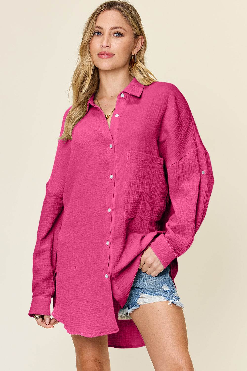 Double Take Full Size Pocketed Texture Button Up Shirt - Hovatok
