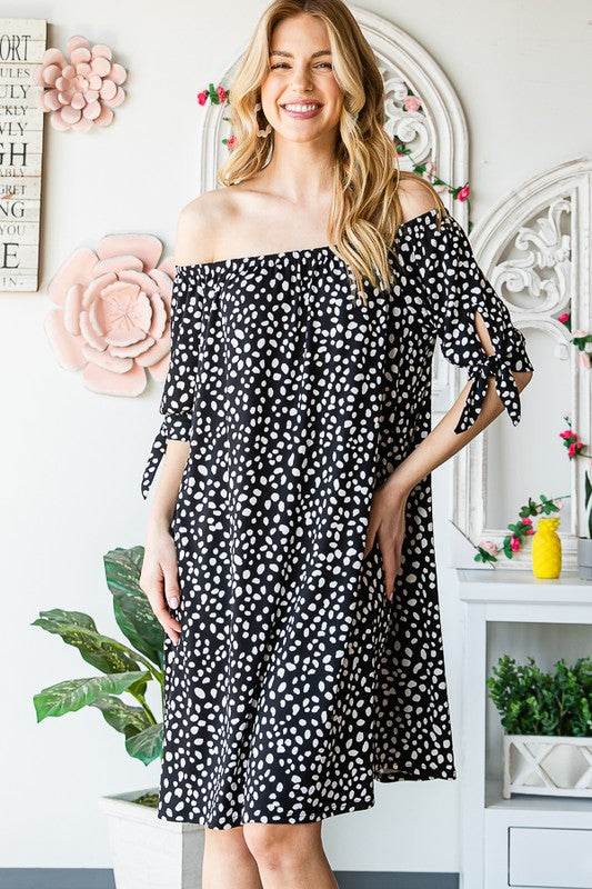 Heimish Full Size Short Sleeve Off Shoulder Animal Mini Dress Plus Size - Hovatok