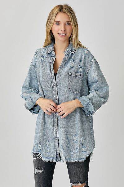 RISEN Distressed Raw Hem Denim Shirt - Hovatok