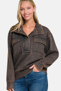 Zenana Acid Washed Half Snap Fleece Sweatshirt - Hovatok