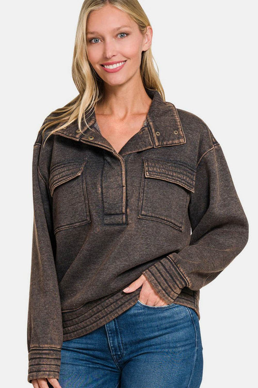 Zenana Acid Washed Half Snap Fleece Sweatshirt - Hovatok