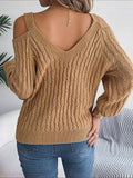 Cable-Knit Cold Shoulder Long Sleeve Sweater - Hovatok