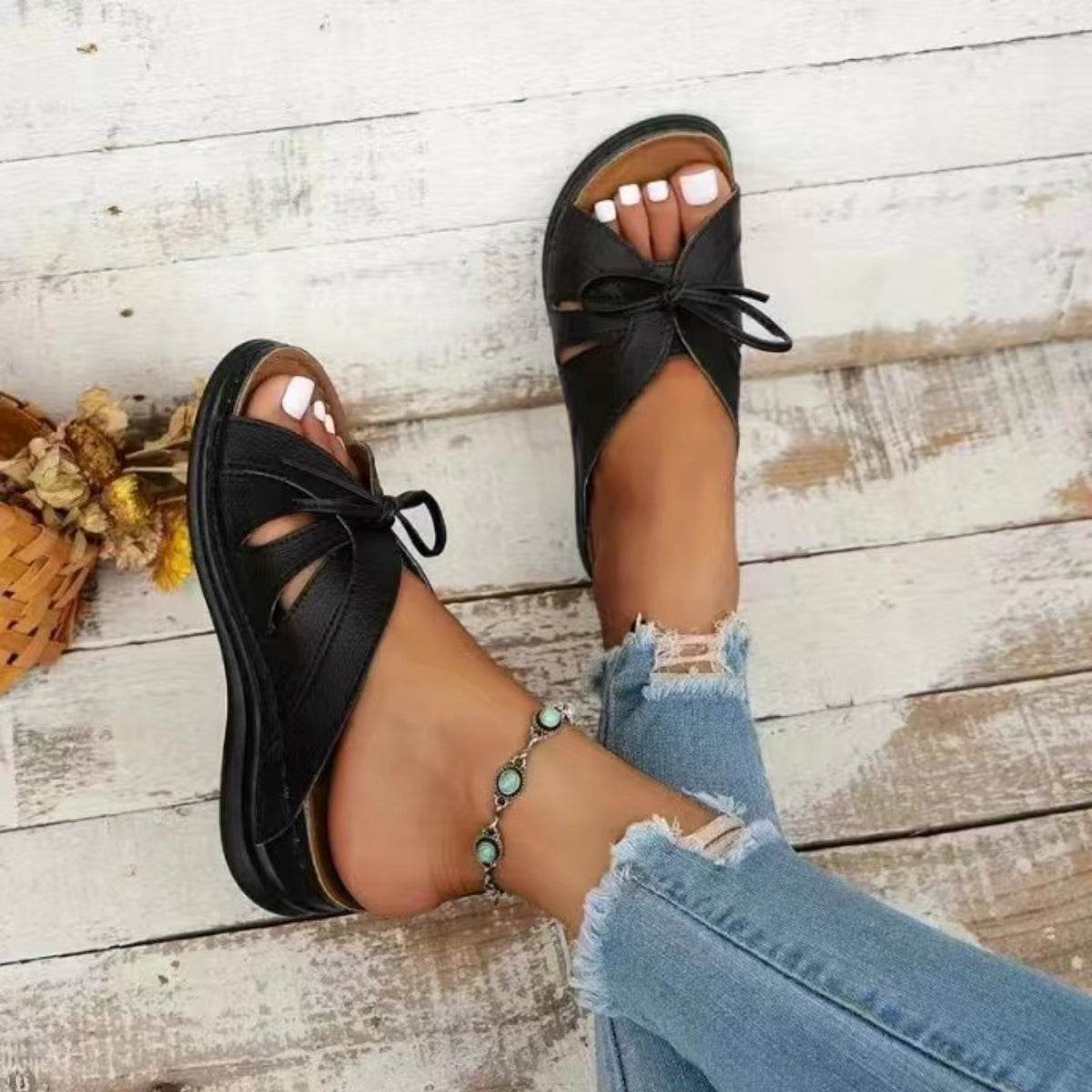 Tied Open Toe Low Heel Sandals - Hovatok