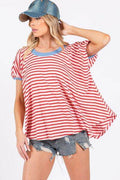 Ces Femme Striped Round Neck Short Sleeve T-Shirt - Hovatok