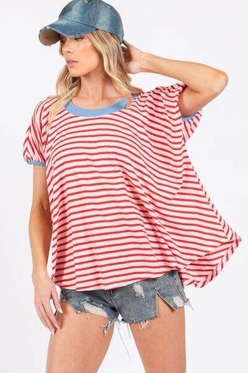 Ces Femme Striped Round Neck Short Sleeve T-Shirt - Hovatok